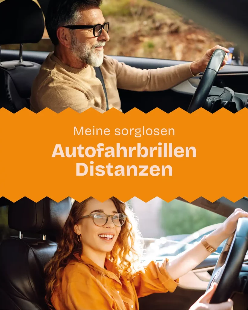 2 geteilte Collage: Im oberen Bereich Mann mittleren Alters am Steuer mit Bart und Autofahrbrille, der nach vorne schaut. Unterer Bereich, junge Frau am Steuer mit Autofahrbrille, die lächelnd seitlich nach oben (Innenspiegel) schaut.